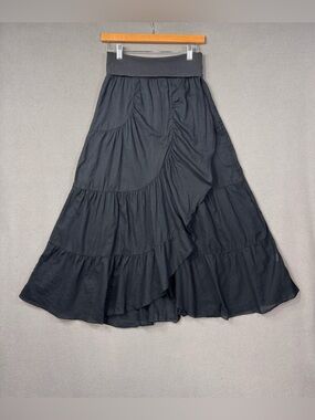 Y2K Vintage FANG Black Ruffle Skirt, Tiered Faux Wrap Maxi Skirt, Foldover Waist